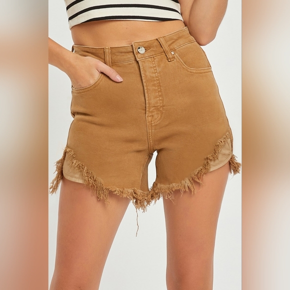 RISEN Cutoff High Rise Waist Distressed Moca Denim Frayed Mid-length Jean Shorts - Picture 11 of 16